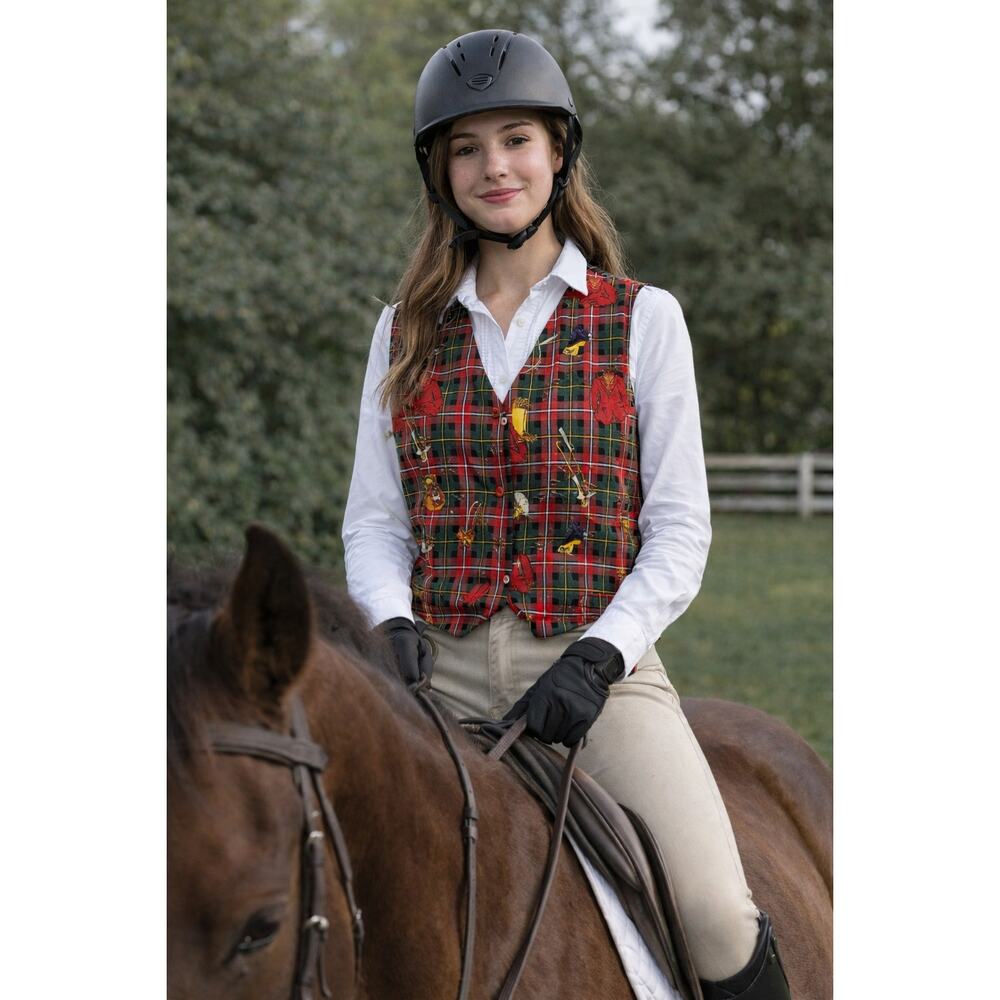 Vtg D.B. Riding Gear Plaid Vest Retro Style Print Red Open Front Cotton Size L